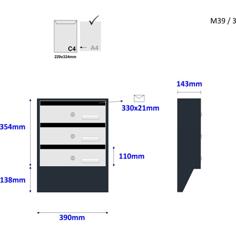 M39 / 3 N modulová schránka úkosová RAL7016 + nerez