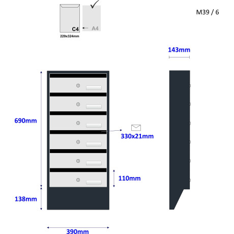 M39/6 N modulová schránka úkosová RAL7016 + nerez