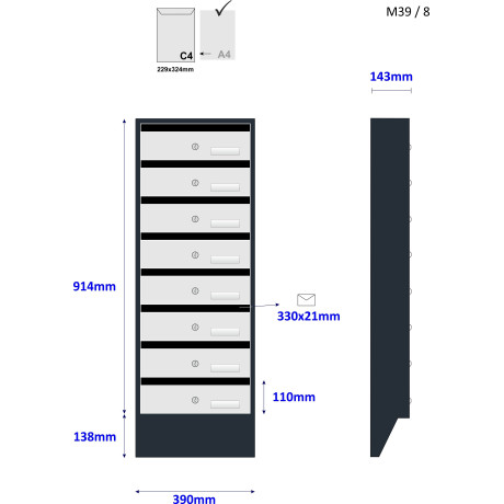 M39/8 N modulová schránka úkosová RAL7016 + nerez