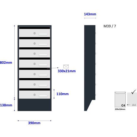 M39/7 N modulová schránka úkosová RAL7016 + nerez